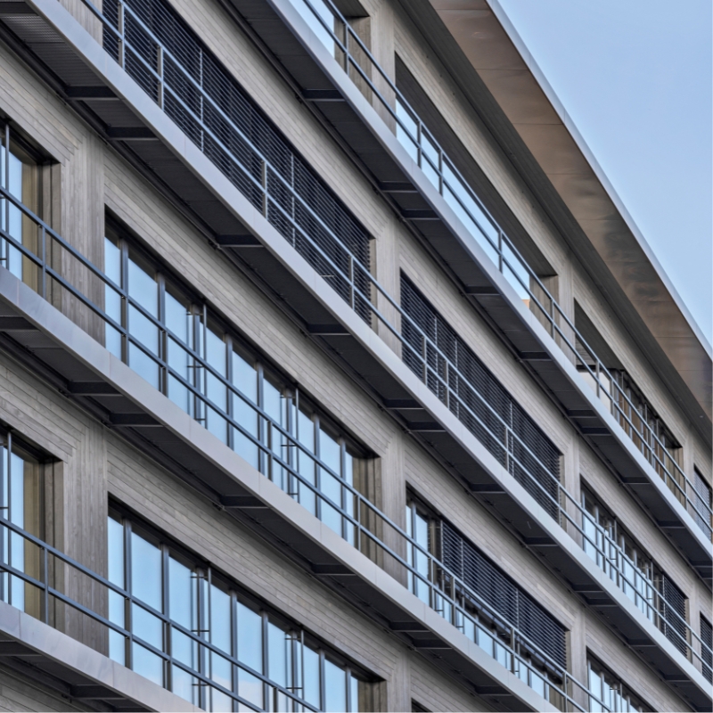Commerical timber cladding in Millworks Accoya Color Grey.