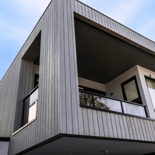 Abodo Vulcan timber cladding shown on in MillProtect Silver Grey finish.