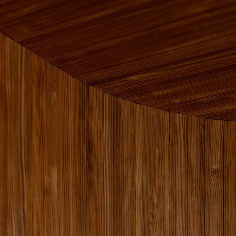 Close up detail of curved timber cladding.